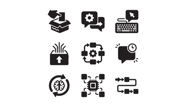 Set of 9 icons representing automation workflow and processes automation