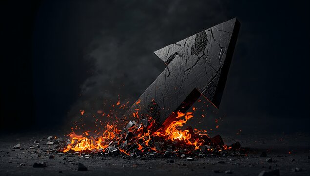 Abstract black arrow rising from fire and smoke symbolizing success