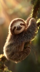 Fototapeta premium Adorable Baby Sloth Hanging On A Mossy Tree Branch In Golden Morning Sunlight
