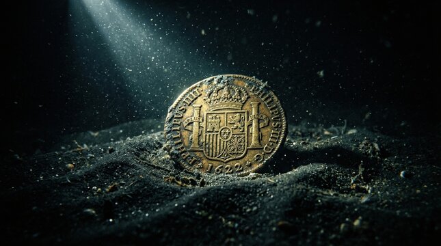 Historic Spanish gold coin from 1622, ancient treasure resting on deep seabed, illuminated by sunlight ray underwater.