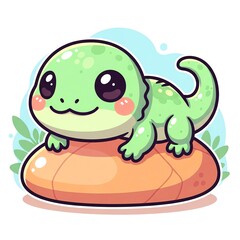 Fototapeta premium Cute Cartoon Green Lizard Sitting on a Rock.