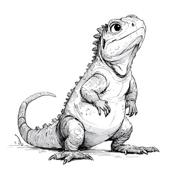 Intricate black and white illustration of a charming tuatara lizard standing upright, displaying its unique reptilian features with curiosity.