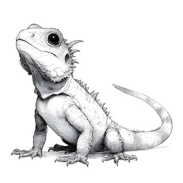 A whical black and white sketch showcases a cute spiky lizard looking up with adorable big eyes against a stark white background in detail.