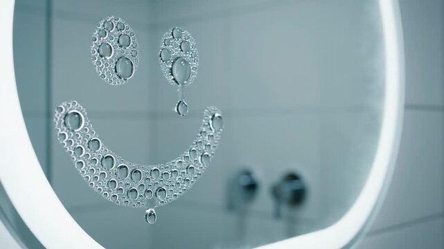 Happy smiley face drawn with water droplets on a fogged bathroom mirror with a young woman blurred in the background.