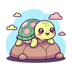 Obraz premium Cute Cartoon Turtle Sitting on Rocks.
