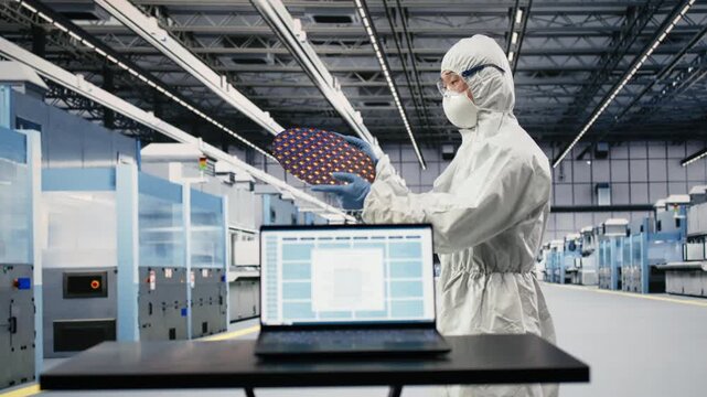 Microchip foundry technician monitoring PCB components hardware fabrication with laptop software. Man uses notebook program to design semiconductor parts in manufacturing plant
