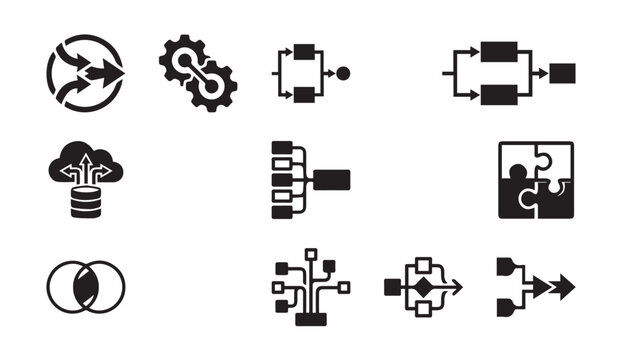 Data flow and system integration icons set with integration workflow computer