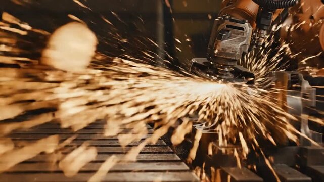 Industrial robotic arm using an angle grinder on a metal engine component in a dark factory as bright orange sparks fly.