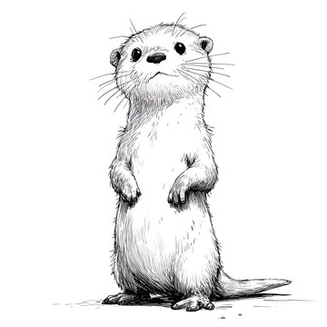 Adorable otter standing on its hind legs with a curious expression in a detailed black and white ink drawing style on white background.
