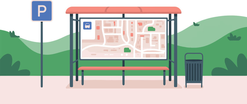 Bus stop shelter with bench, map display, trash can, and parking sign, public transport infrastructure, urban street furniture, waiting area illustration.