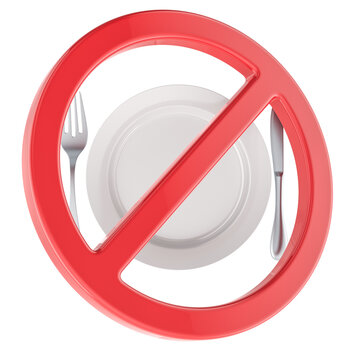 Prohibition symbol with plate and cutlery. 3d rendering