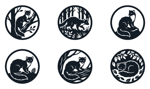 Collection of circular badge logo design with marder tier silhouette in forest nature landscape round emblem wild animal icon vector set