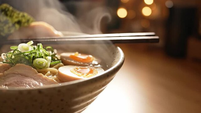 A steaming bowl of Japanese ramen noodle soup is topped with soft boiled eggs, pork chashu and green onions in a cozy setting.