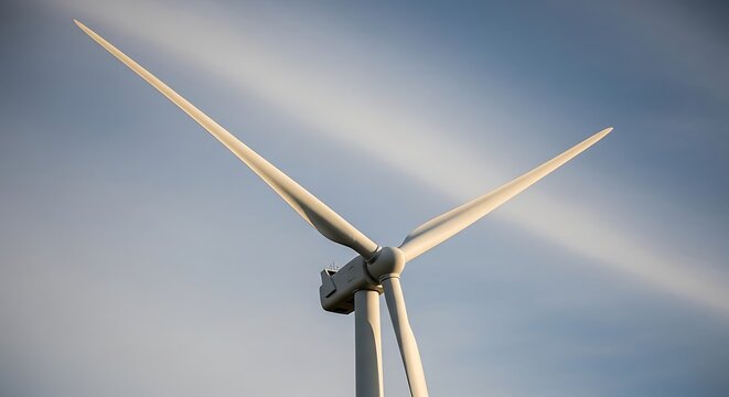 Close-up of wind turbine blades against blue sky with soft clouds. Minimal composition, high detail, clean renewable energy concept, modern sustainable technology background.