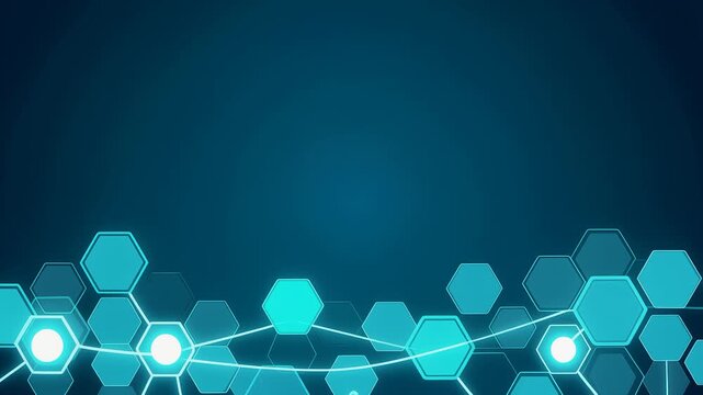 Abstract blue hexagon connectivity network. Biotech and medical technology background, digital data connection, glowing chemical molecular structure animation.