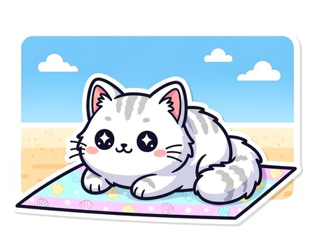 Cute Kawaii Cat Lying on Beach Blanket.