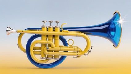 Obraz premium Stylized yellow and blue musical instrument. Modern trumpet and horn hybrid design on gradient background. Creative brass instrument concept