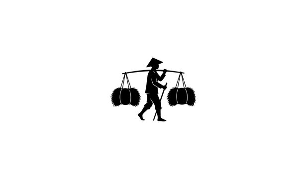 Farmer Carrying Hay Bundles on Shoulder Pole Black Silhouette Vector