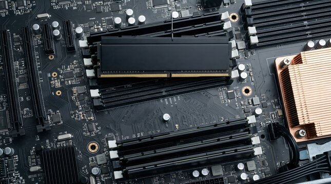 Motherboard detail with RAM, technology and hardware concept AI infrastructure, server farm, GPU cluster, data center hardware, parallel computing background, copy space