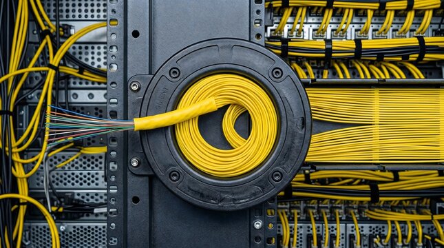 Network server with yellow cables, data center and technology AI infrastructure, server farm, GPU cluster, data center hardware, parallel computing background, copy space