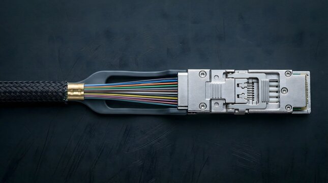 High-tech fiber optic cable and connector on black surface, technology and communication AI infrastructure, server farm, GPU cluster, data center hardware, parallel computing background, copy space