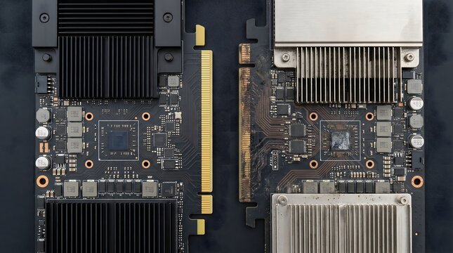 Close-up of Computer Graphics Card: Technology and Electronics Components AI infrastructure, server farm, GPU cluster, data center hardware, parallel computing background, copy space