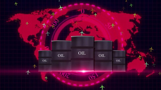 Oil War, Global Oil Price Rising, Oil War With Airplane  A Glowing Red Digital World Map And Circular Gauge. Colorful Airplane Icons Fly Across A Dark Blue Grid Background With A Vibrant Pink Lens Fla