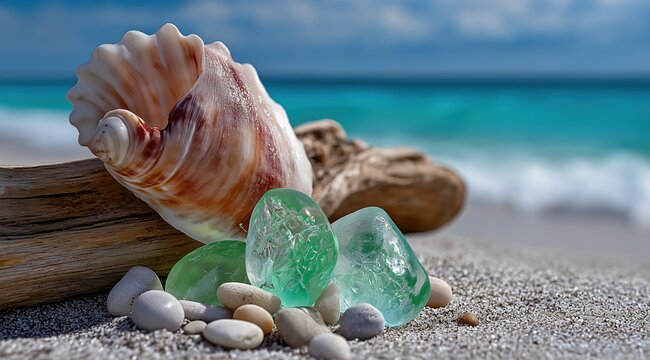 Close up of sea glass and seashell on a sandy beach. Green translucent glass with driftwood and pebbles. Coastal summer background with turquoise ocean