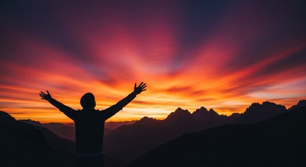 Fototapeta premium Person with arms raised at sunset mountain peak