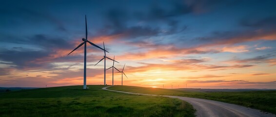 Obraz premium Wind turbines on green field at sunset with dramatic sky and rural road leading to renewable energy farm for sustainable power generation.
