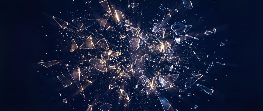 Shattered glass fragments exploding with dramatic lighting effects on dark background for creative design projects and digital art compositions.