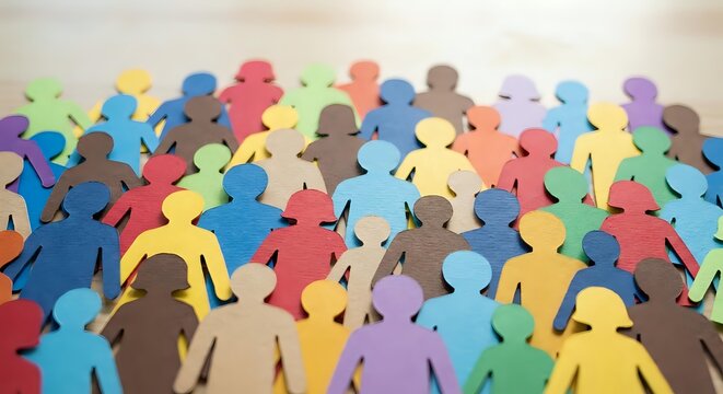 Colorful paper cutout figures representing diversity, teamwork and community connection. Multicultural crowd concept for social projects and inclusion campaigns.