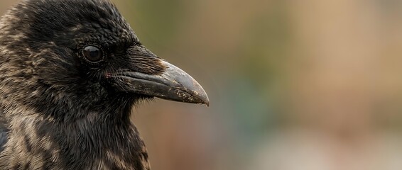 Obraz premium Close-up portrait of black crow head showing detailed feathers and beak against blurred natural background for wildlife photography projects.