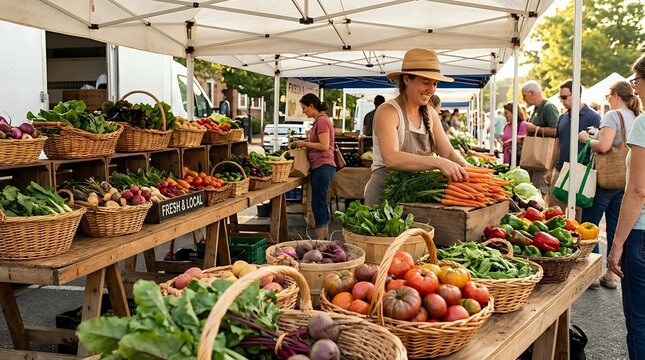 Farmers market vendor in straw hat selling fresh organic vegetables and fruits from wooden tables with wicker baskets under white tent canopy.