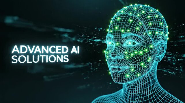 This features a futuristic representation of advanced AI solutions, with a human face composed of digital blue lines and dots set against a dark background. The visual effects highlight cutting-edge