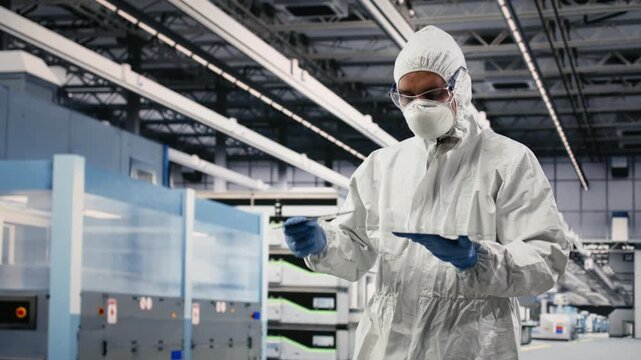 Careful researcher carrying silicon wafer in microchip manufacturing facility, trialing advanced materials. Expert wearing bunny suit inspecting delicate semiconductor substrates, camera B