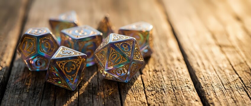 Set of ornate metal polyhedral dice with intricate engravings on rustic wooden surface for tabletop gaming and role-playing adventures.