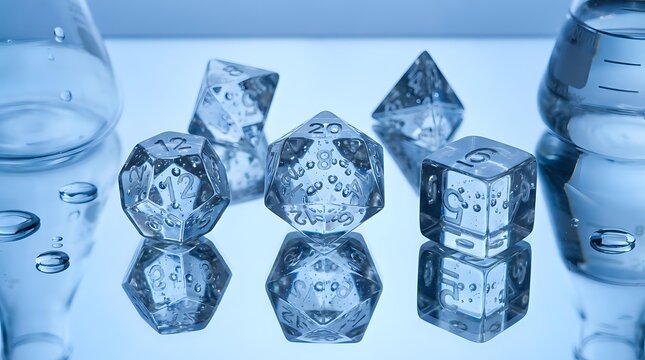 Clear acrylic polyhedral dice set for tabletop gaming and role-playing games on reflective surface with laboratory glassware background.