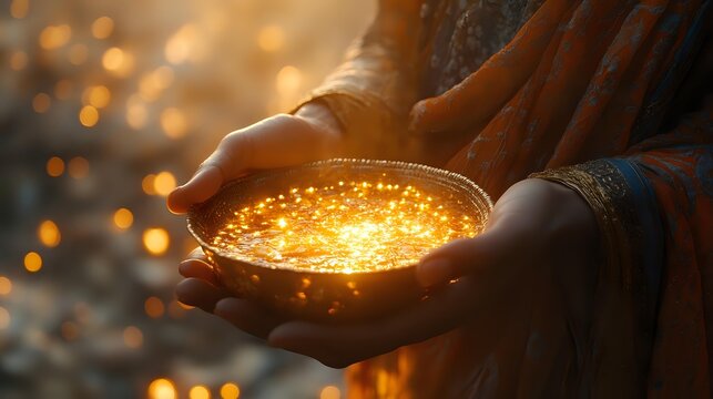Hands cupping glowing golden light with magical sparkles and warm bokeh background creating mystical atmosphere for spiritual and fantasy concepts.