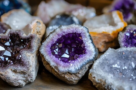 Collection of natural amethyst geodes and crystal specimens displaying vibrant purple formations with white crystalline edges on wooden surface.