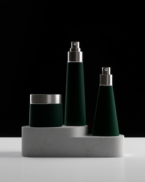 Mockup de envases de cosm&eacute;tica masculina verde con tapa plateada sobre un pedestal de marmol gris y fondo negro, sin logos, luz de estudio, vista frontal