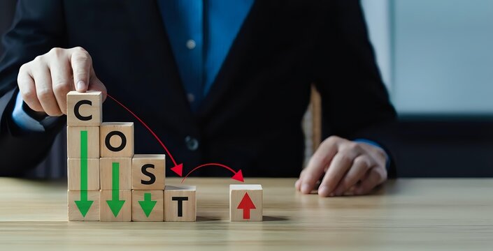 Businessman arranging wooden blocks spelling COST with arrows showing decrease and increase for budget management and financial planning concepts.