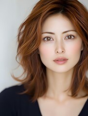 Fototapeta premium Professional portrait of confident Asian woman with shoulder-length brown hair and natural makeup looking directly at camera against neutral background.