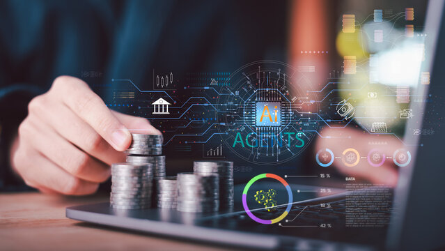 Financial analyst leverages AI agents optimize investment strategy, analyze market data, automate fintech operations, monitor revenue growth through predictive analytics digital asset management