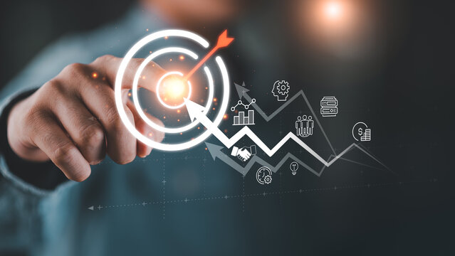 Marketing strategist targeting business goals with digital bullseye icon ,growth analytics chart, focusing on KPI performance, revenue increase, strategic planning, data driven decision making
