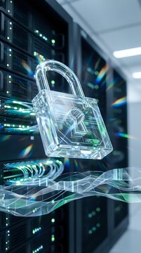 Transparent digital padlock floating in modern server room with glowing network connections representing cybersecurity and data protection technology.