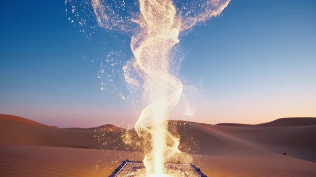 Magical Flying Carpet Appears in Desert Dunes with Djinn.