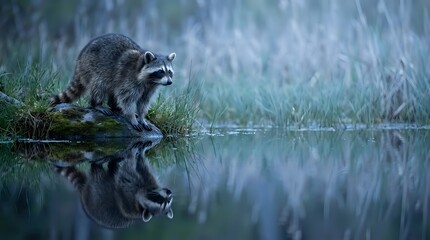 Naklejka premium Raccoon drinking water from pond with perfect reflection in natural wetland habitat during rainfall creating peaceful wildlife scene.
