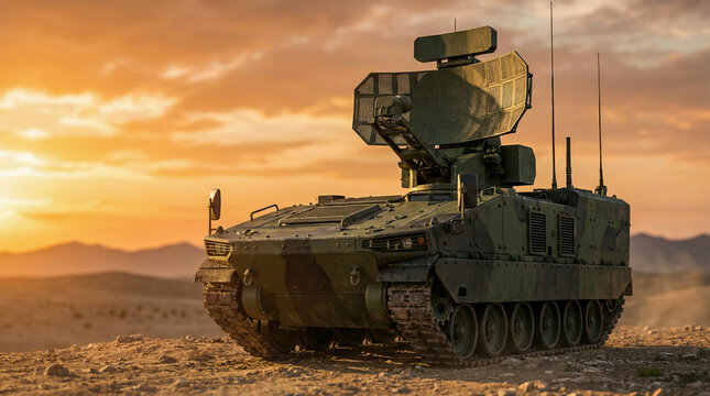 A military radar system is mounted on an advanced armored vehicle. It is positioned in a desert landscape at sunset, with mountains in the background and clear skies