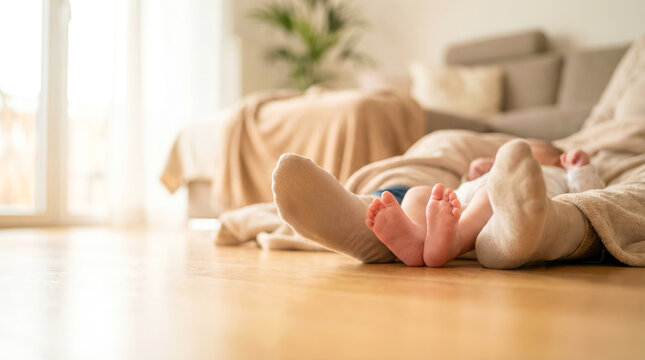 A tiny baby stands next to adult feet on a smooth floor indoors. Sunlight shines in the room, creating a warm and inviting space for family moments and togetherness